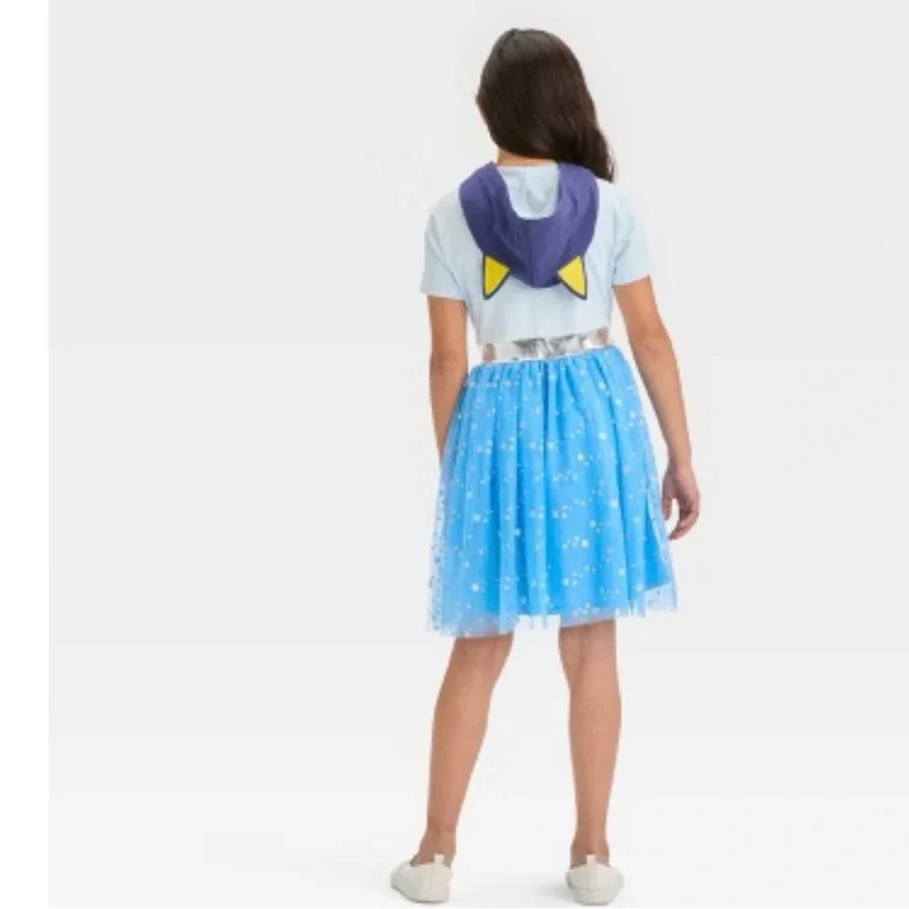 Bluey Hooded Tutu Dress Girls Size M Blue Glitter Star Character Dress NEW